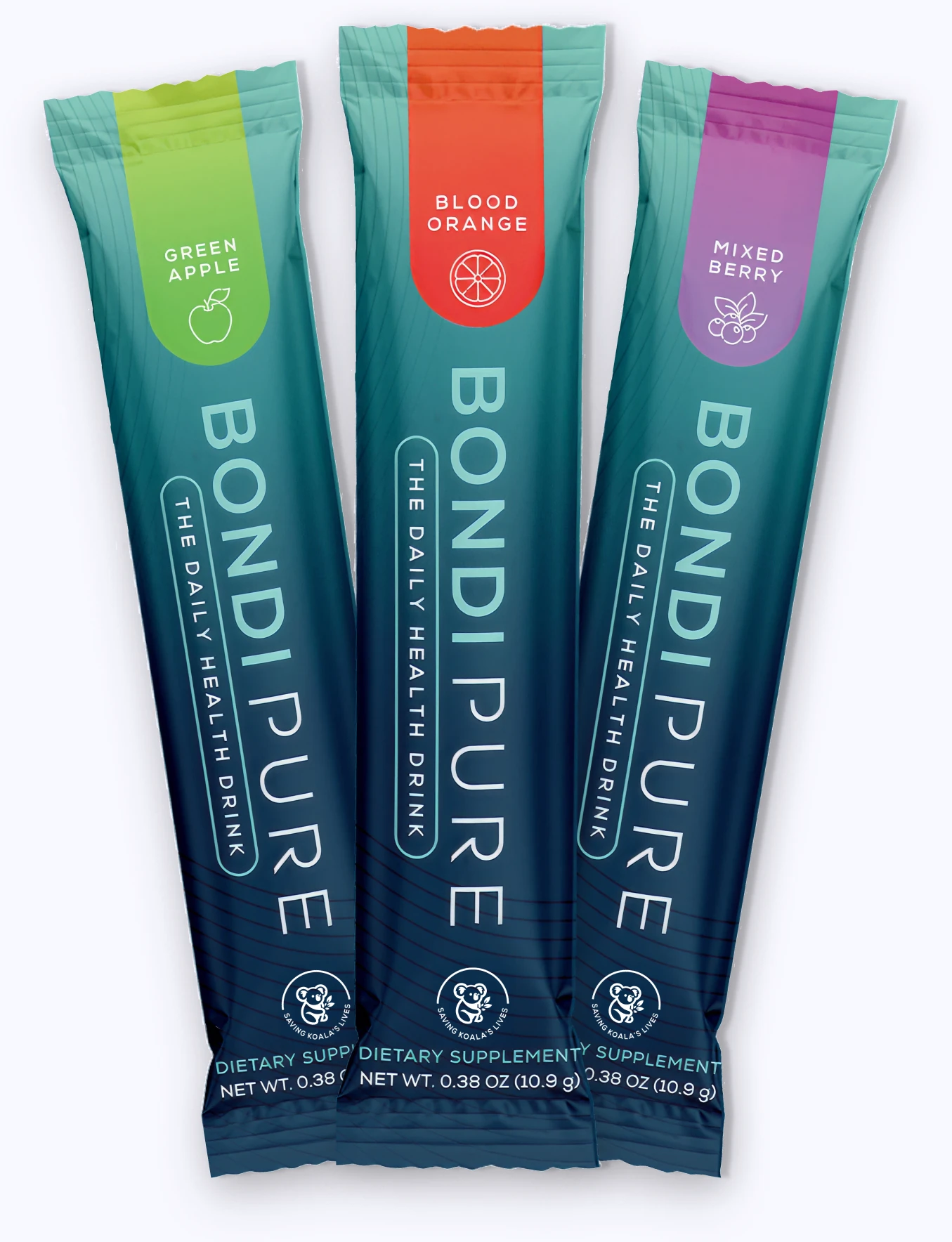 Three Bondi Pure trial sticks in Green Apple, Blood Orange and Mixed Berry