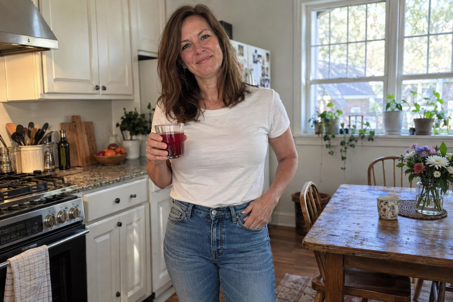 A brown-haired woman in a white T-shirt and jeans holding a berry drink in a kitchen
