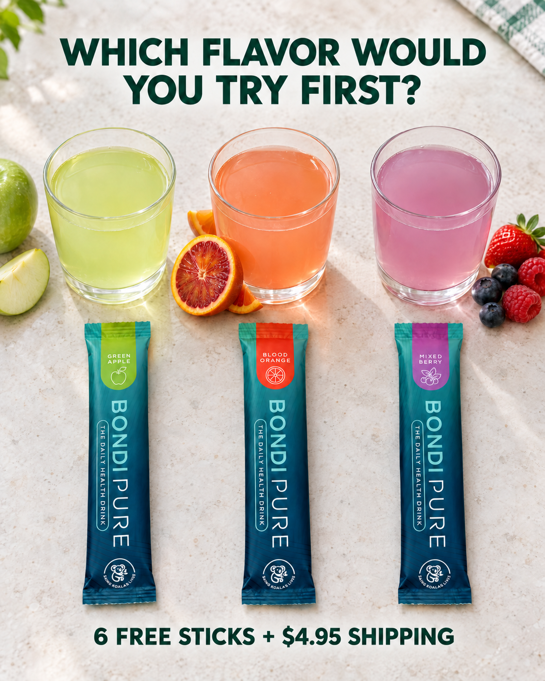 Three glasses mixed in the Bondi Pure trial flavors: Green Apple, Blood Orange and Mixed Berry