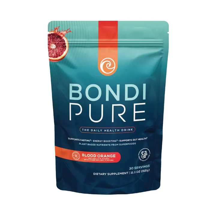 Bondi Pure Blood Orange pouch, front label, showing 30 servings and the supports-fasting line.